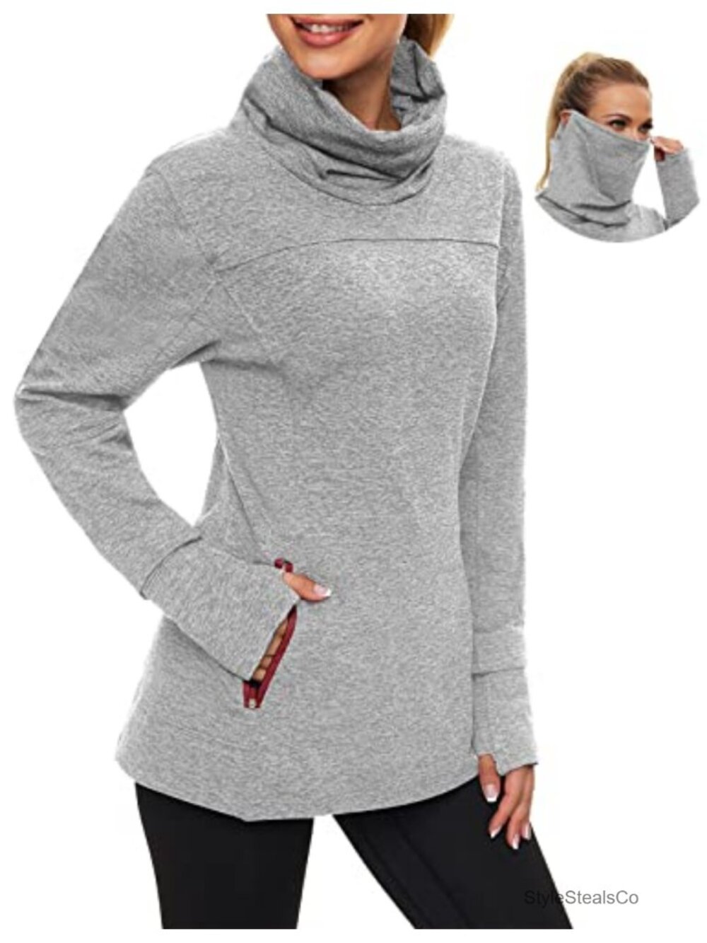 Women's Fleece Running Pullover Cowl Neck Sweatshirt Thumb Holes Thermal Long